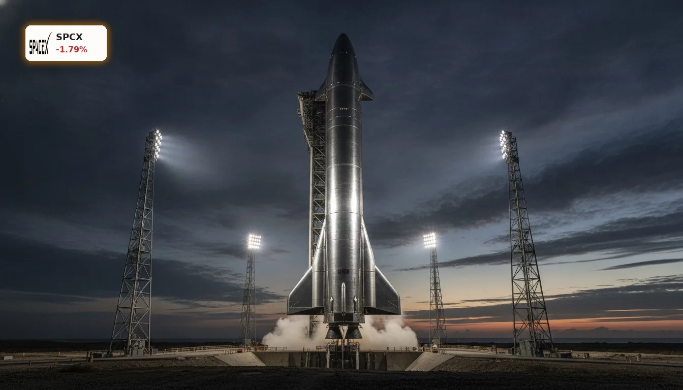 SpaceX Starship Raketensystem auf der Startrampe, beleuchtet vor dunklem Himmel, bereit für NASA-Missionen.