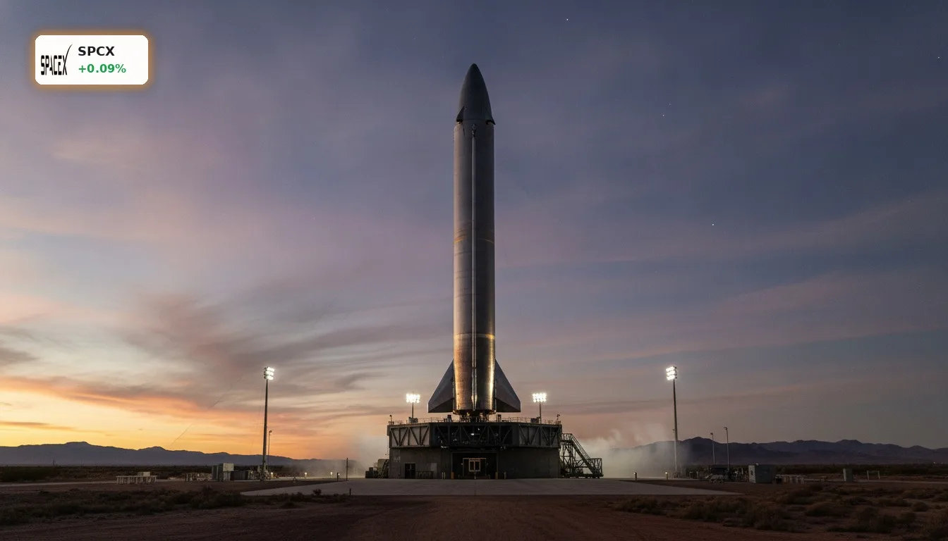 SpaceX Starship Rakete auf Startrampe bei Dämmerung, symbolisiert Technologie und Wachstum der SpaceX Nasdaq Aktie.