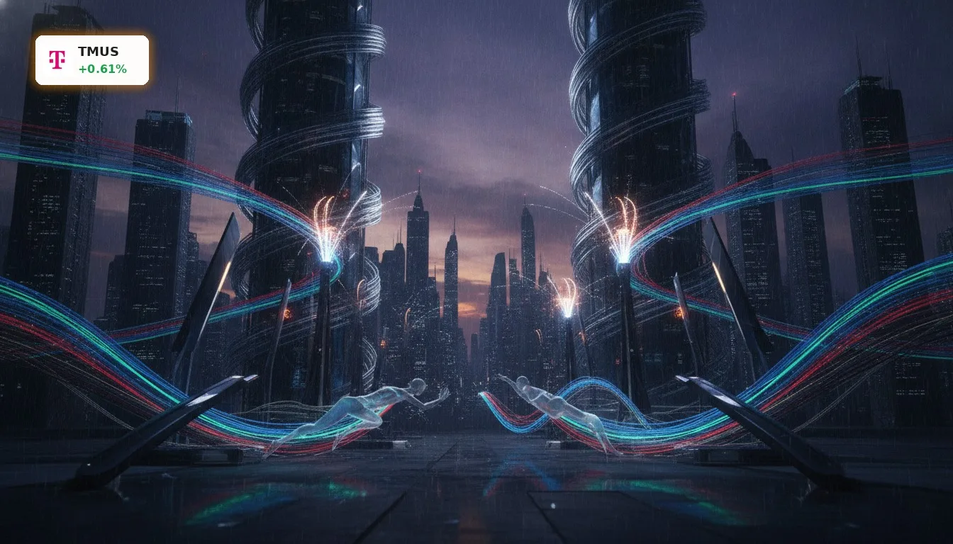Futuristisches Telekommunikationsnetzwerk mit leuchtenden Glasfaserkabeln und 5G-Antennen, symbolisiert T-Mobile Wettbewerb.