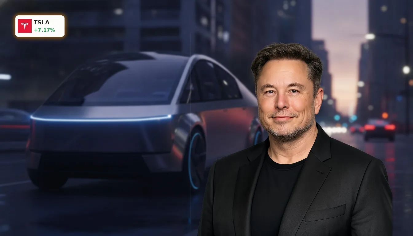 Futuristisches Tesla Cybercab Robotaxi fährt autonom durch eine moderne Stadt bei Dämmerung.