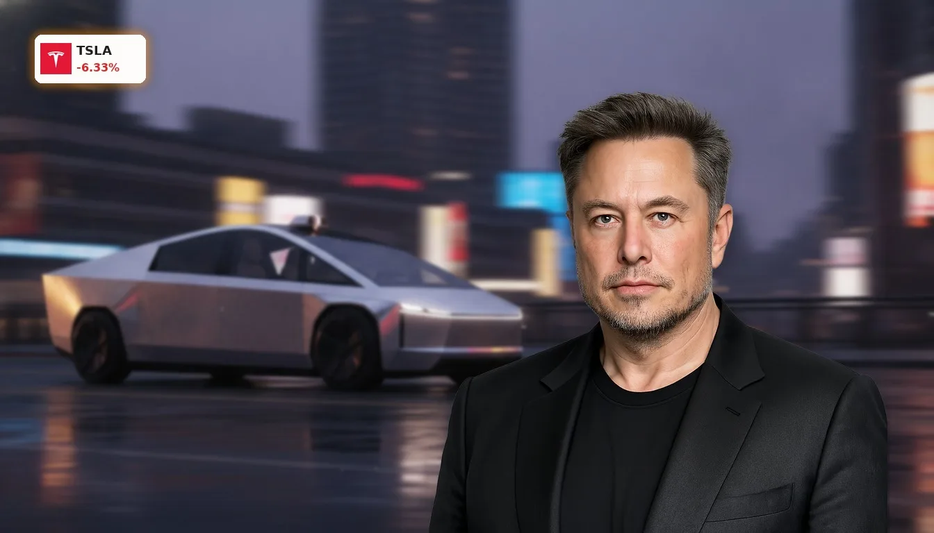 Futuristisches Tesla Cybercab Robotaxi fährt autonom durch eine dunkle Stadtlandschaft bei Dämmerung.