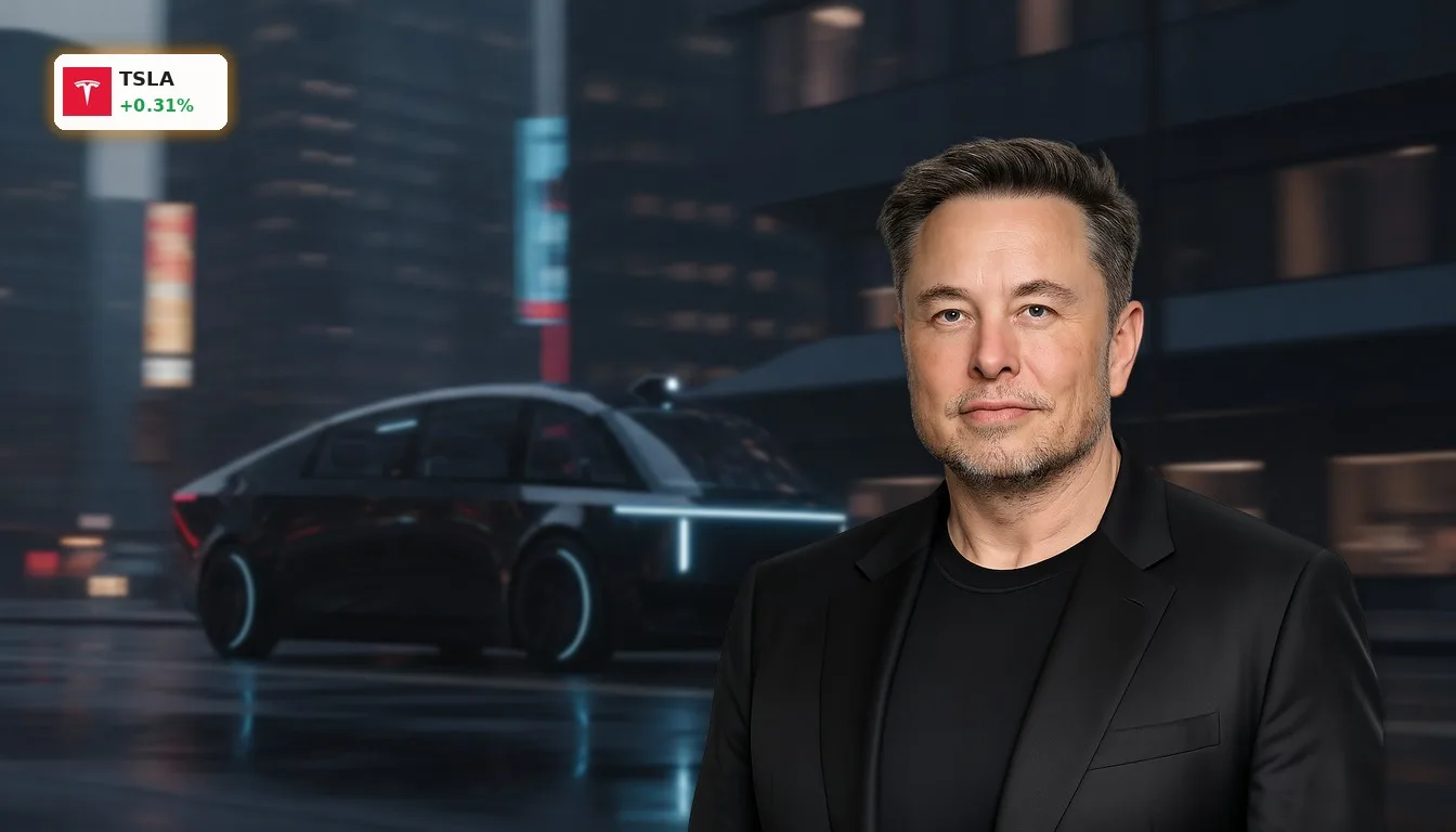 Tesla Strategie: Analysten sehen 600-Dollar-Ziel trotz hoher Investitionen 1 Futuristisches Tesla Robotaxi fährt autonom durch eine abendliche Stadt, symbolisierend die Tesla Strategie.