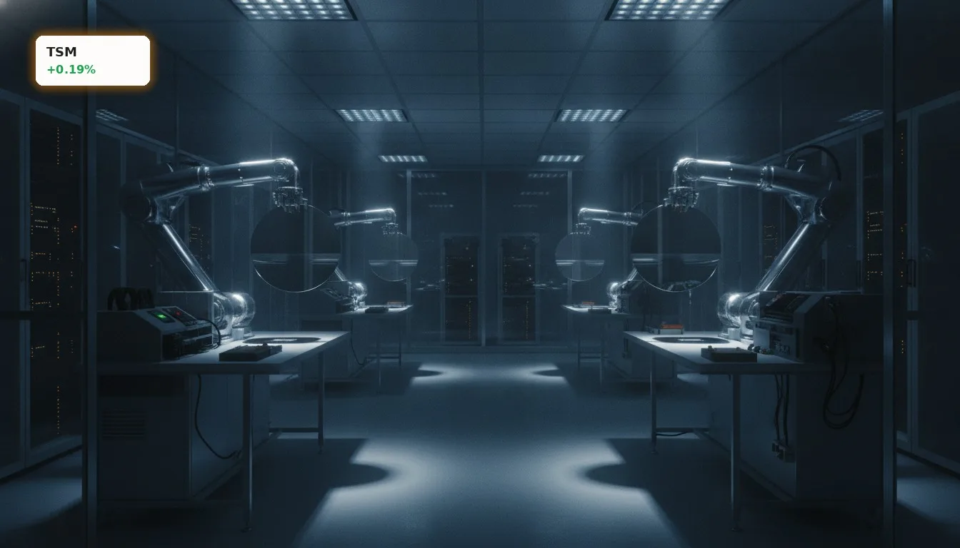 Roboterarme bearbeiten Siliziumwafer in einem hochmodernen Reinraum, der die technologische Dominanz von TSMC im KI Sektor symbolisiert.