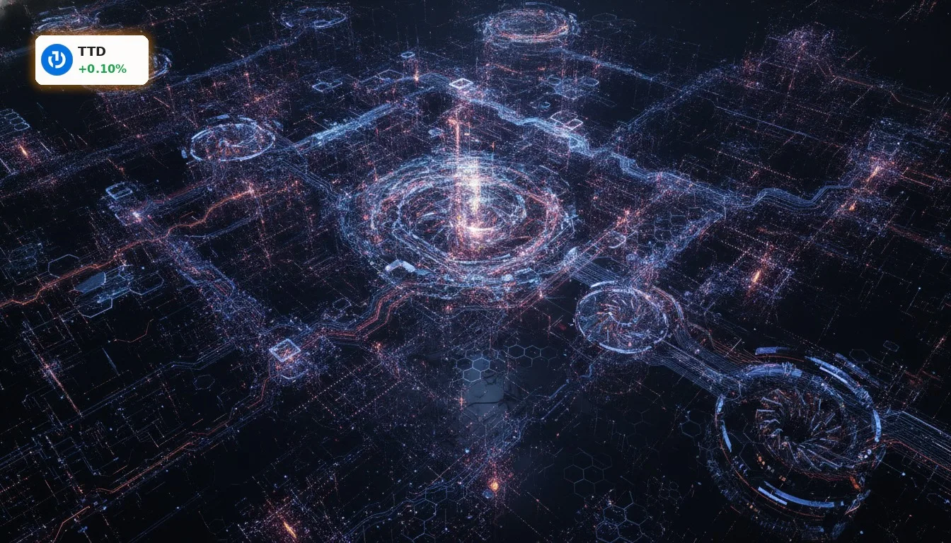 Futuristische digitale Schnittstelle einer KI-Plattform mit leuchtenden Datenströmen und neuronalen Netzen, symbolisiert die Trade Desk KI-Plattform.