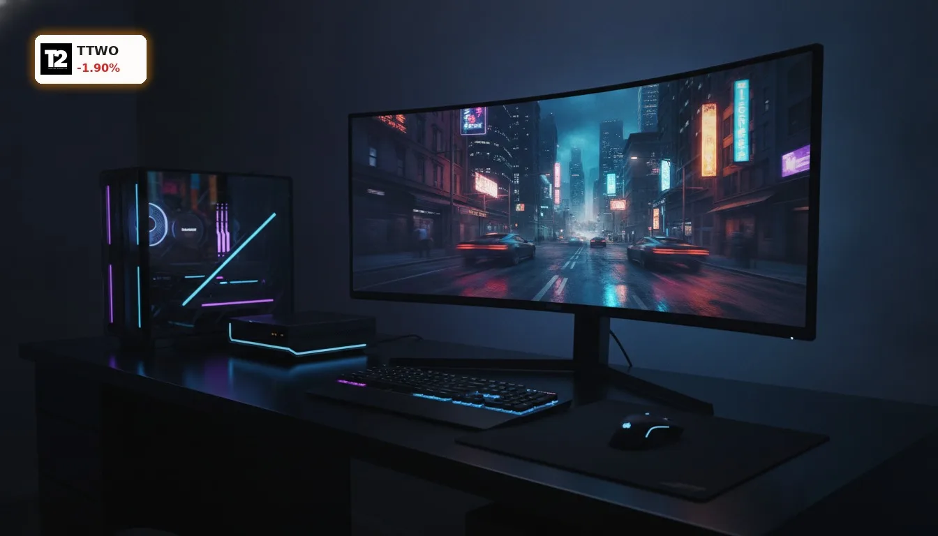 Futuristische Gaming-Szene mit urbaner Nachtlandschaft, die die Take-Two Prognose und den GTA 6 Hype symbolisiert.