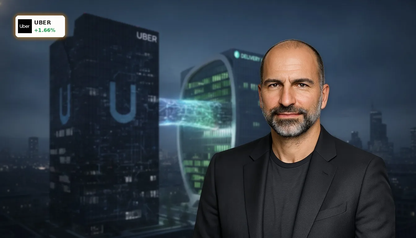 Uber Entlassungen und Delivery Hero Übernahme: +1.7% Chance durch Milliarden-Deal 4 Zwei moderne Firmengebäude, die sich in einer städtischen Nachtszene verbinden, symbolisieren Uber Entlassungen und Delivery Hero Übernahme.