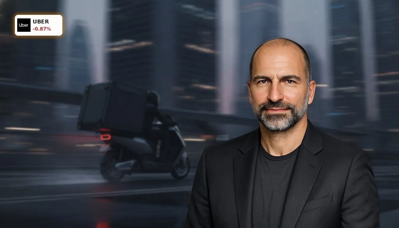 Moderner Lieferscooter mit großer Liefertasche fährt durch eine beleuchtete Stadt bei Nacht, symbolisiert Uber Delivery Hero.