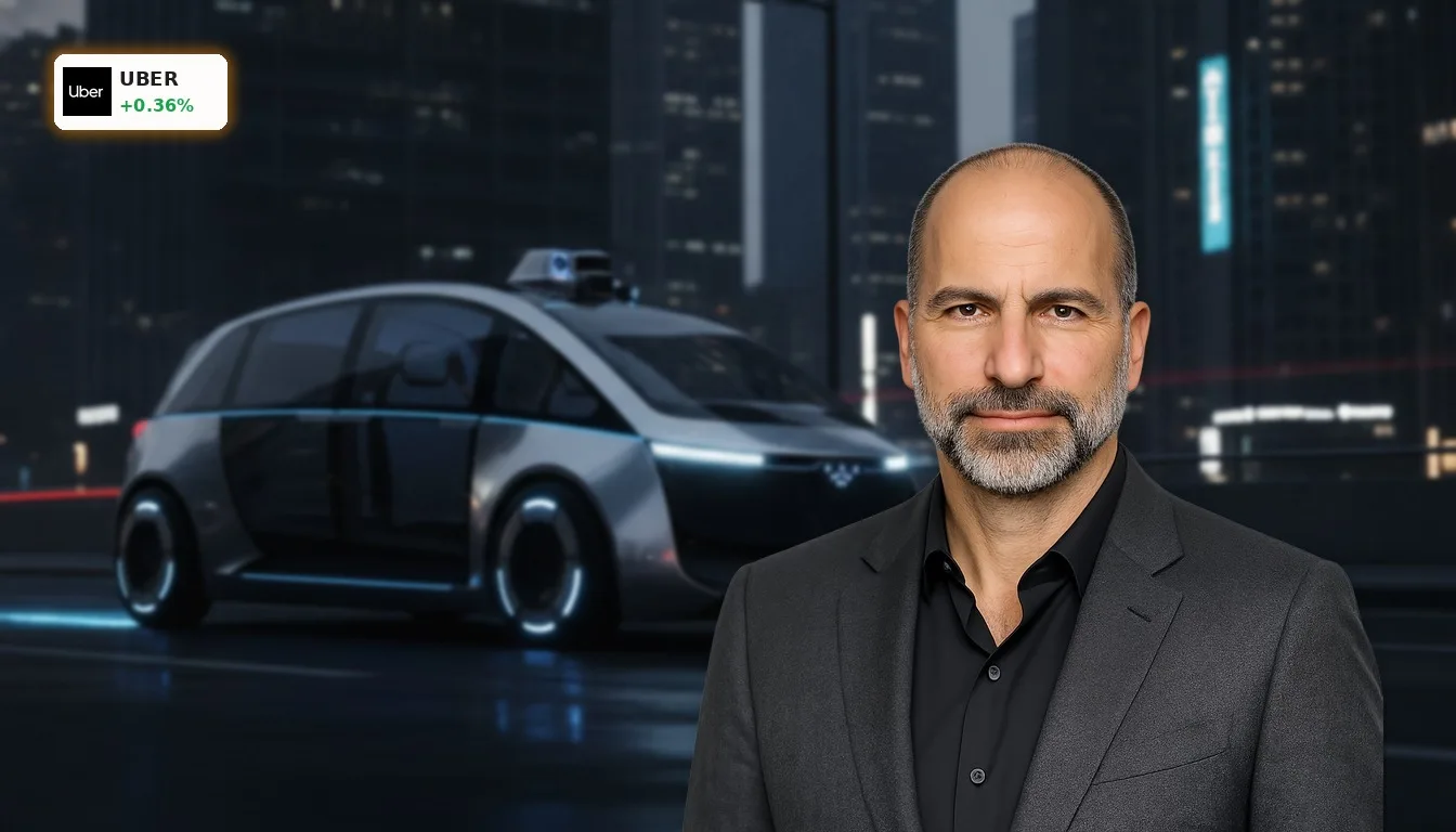 Uber Wettbewerb: Cybercab-Bedrohung und Insider-Kauf nach Entlassungen 4 Futuristisches autonomes Fahrzeug auf einer modernen Stadtstraße bei Nacht, symbolisierend Uber Wettbewerb im Robotaxi-Markt.