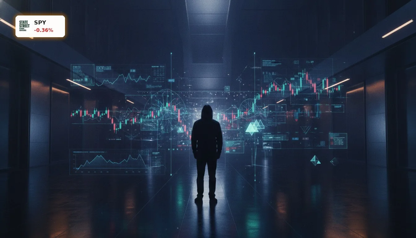 Holografische Finanzdaten und Charts auf einem dunklen Handelsparkett, die Unsicherheit der Aktie widerspiegeln.