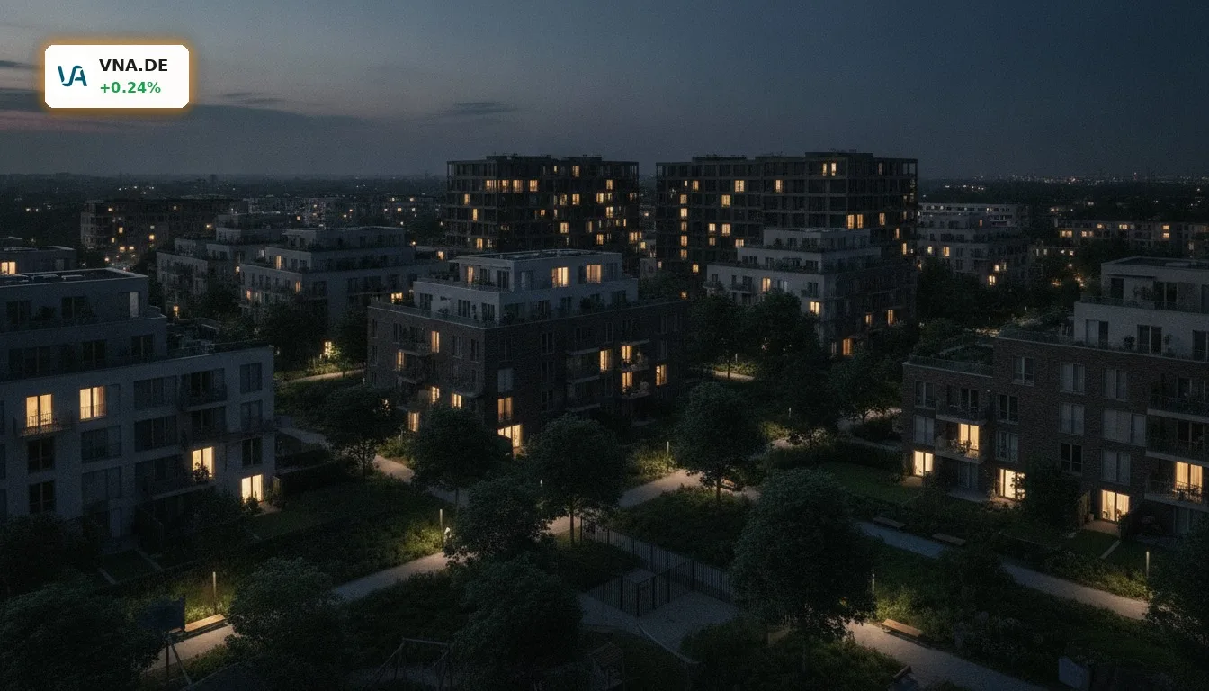 Moderne Wohngebäude in einem europäischen Stadtviertel bei Dämmerung, die das Geschäftsfeld von Vonovia visualisieren.