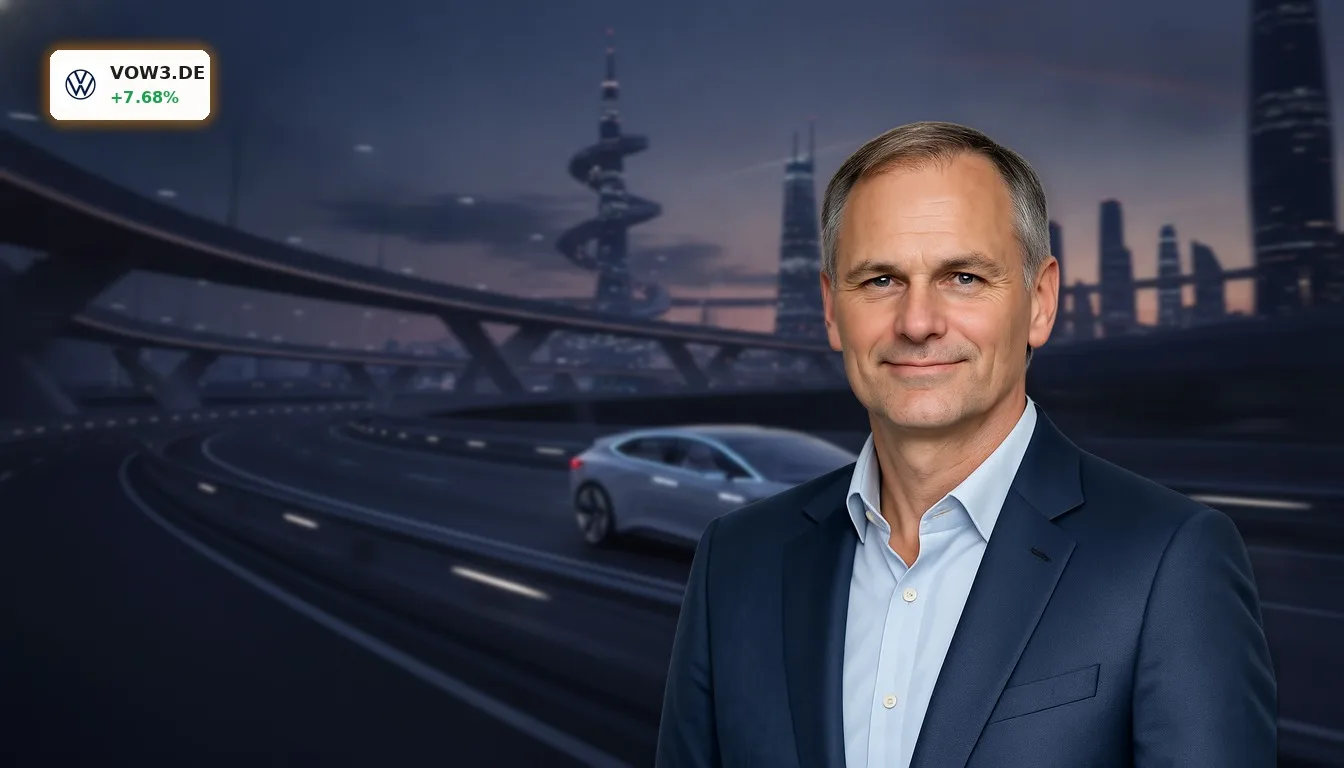 Volkswagen Zukunftsplan: +7,68% Rallye nach Spar-Einigung im Aufsichtsrat 6 Futuristisches Volkswagen Elektrofahrzeug auf einer modernen Autobahn bei Dämmerung, symbolisiert den Volkswagen Zukunftsplan.