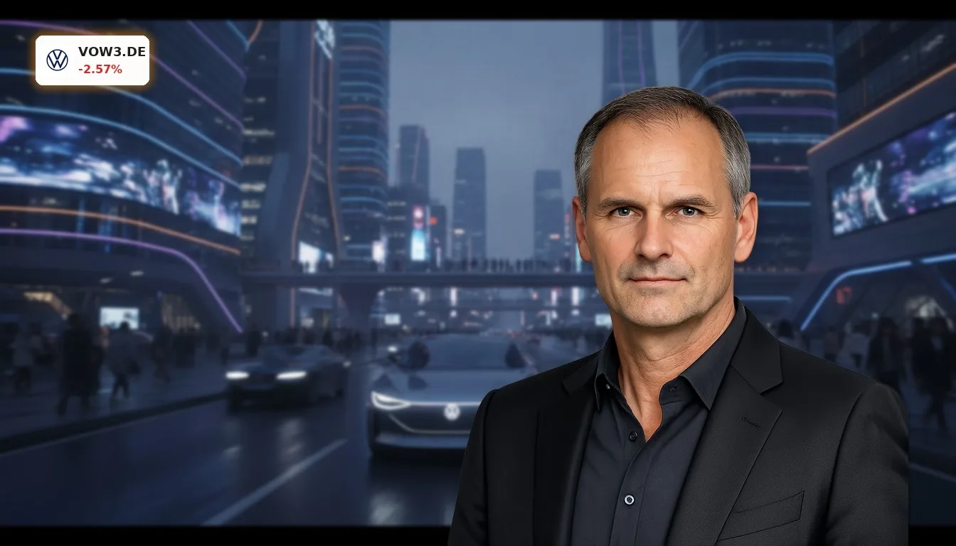 Moderner Volkswagen Elektro-SUV fährt durch eine futuristische chinesische Metropole bei Sonnenuntergang. Volkswagen Analysten.