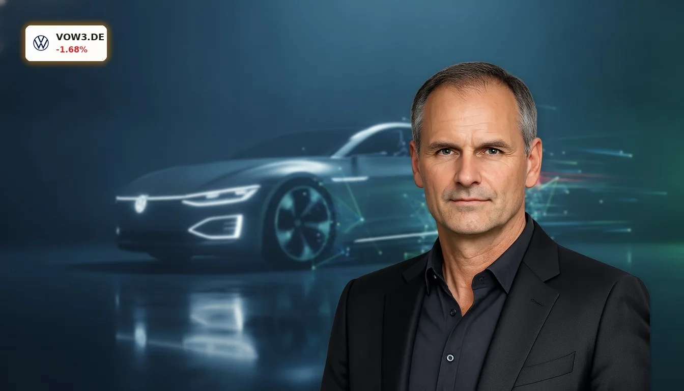 Volkswagen Umbau: Radikaler Plan zur Effizienzsteigerung spart Milliarden 4 Ein futuristisches Volkswagen-Fahrzeug, das aus einer abstrakten, leuchtenden Struktur auftaucht, symbolisiert den Volkswagen Umbau.