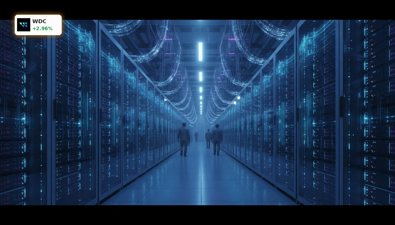 Western Digital Aufschwung: Aktie steigt 3% im KI-Boom 5 Modernes Rechenzentrum mit leuchtenden Server-Racks, symbolisiert den Western Digital Aufschwung durch KI-Speicher.