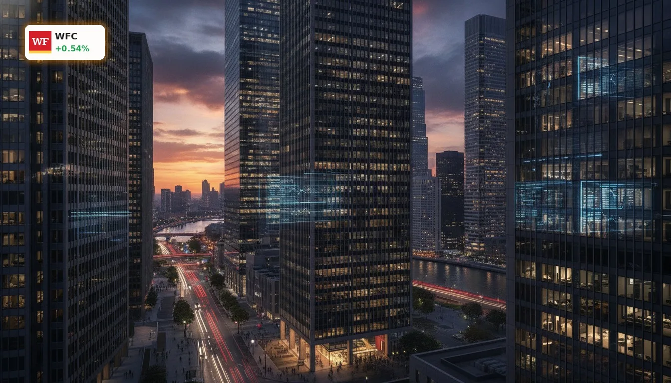 Finanzdistrikt bei Sonnenuntergang, symbolisiert Wells Fargo Prognose und Bankengeschäft.