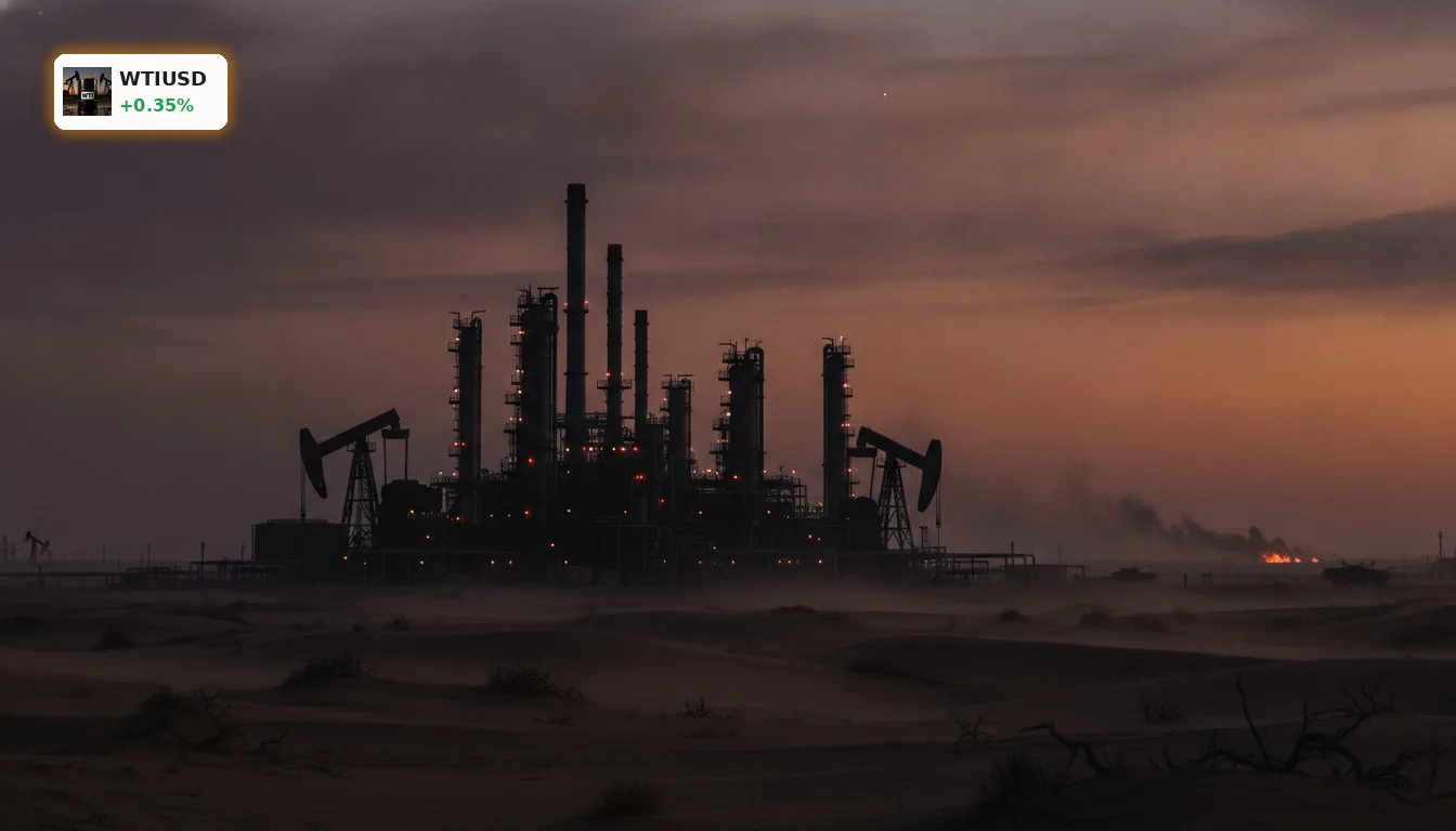 Ölraffinerie bei Sonnenuntergang, symbolisiert geopolitische Spannungen und den steigenden WTI Ölpreis.