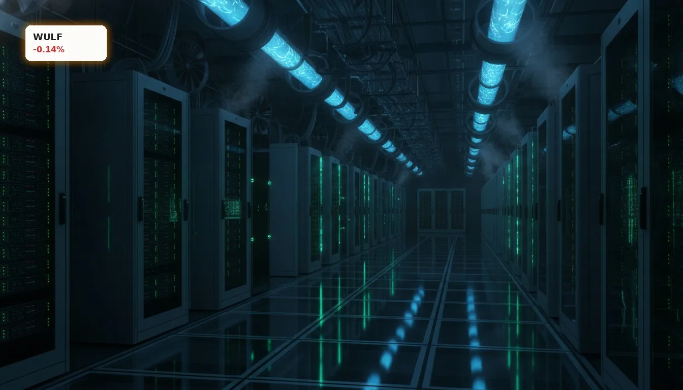 Futuristisches Rechenzentrum bei Nacht, blaue und grüne Serverlichter. TeraWulf Kursanalyse im Kontext der KI-Infrastruktur.