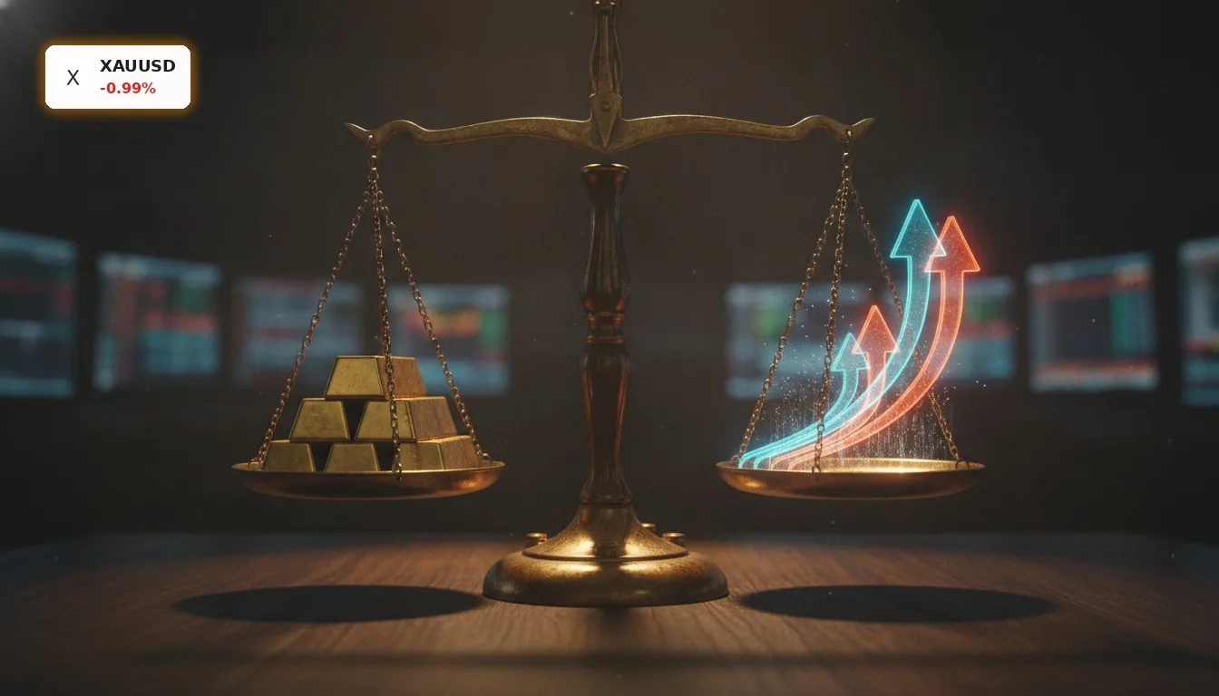Goldbarren auf einer Waage, die durch steigende Zinsen aus dem Gleichgewicht gebracht wird, symbolisiert die Gold Zinsentscheidung.