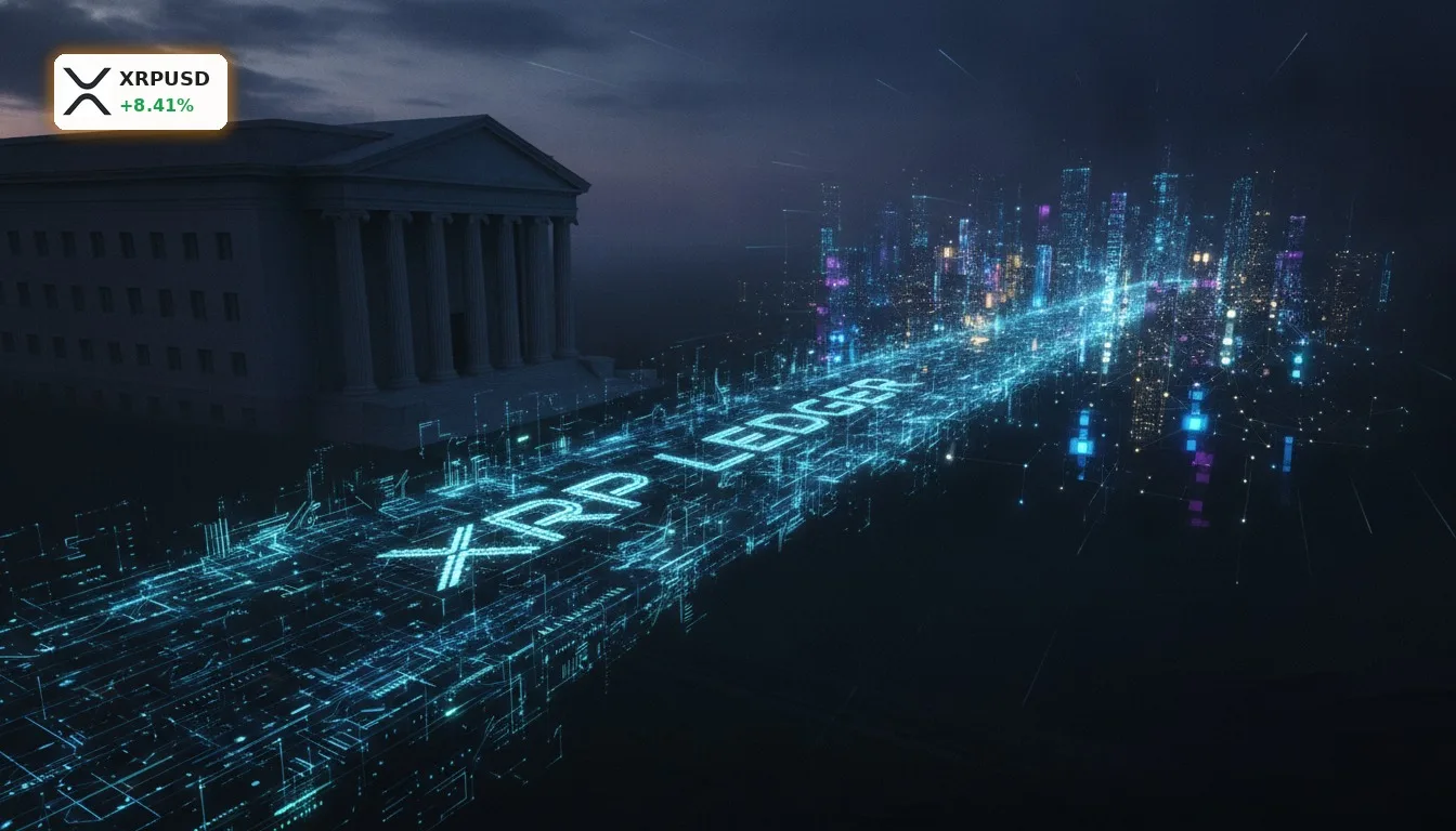 Futuristische digitale Brücke verbindet traditionelle Bankgebäude mit leuchtendem Blockchain-Netzwerk, symbolisiert Ripple XRP.