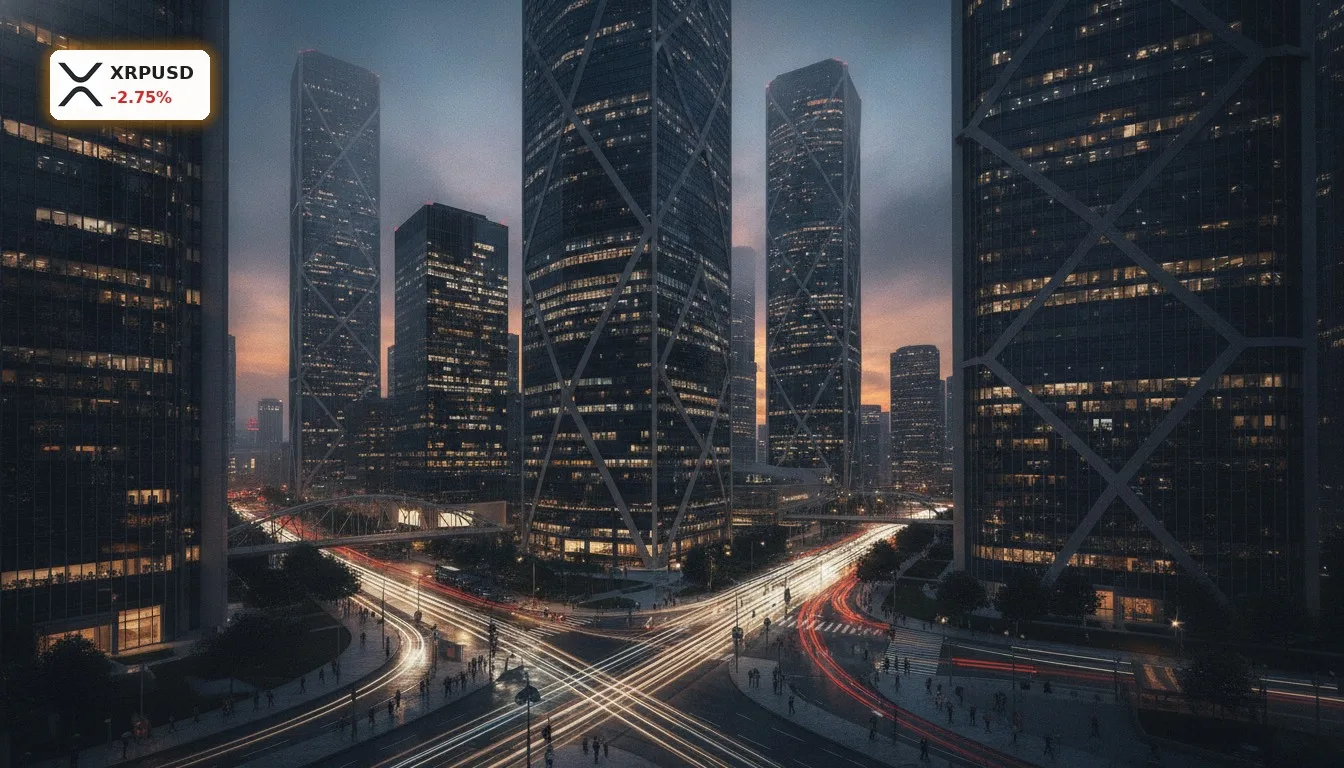 Finanzdistrikt-Skyline bei Dämmerung, symbolisiert den Einfluss institutioneller Anleger auf den XRP ETF Markt.