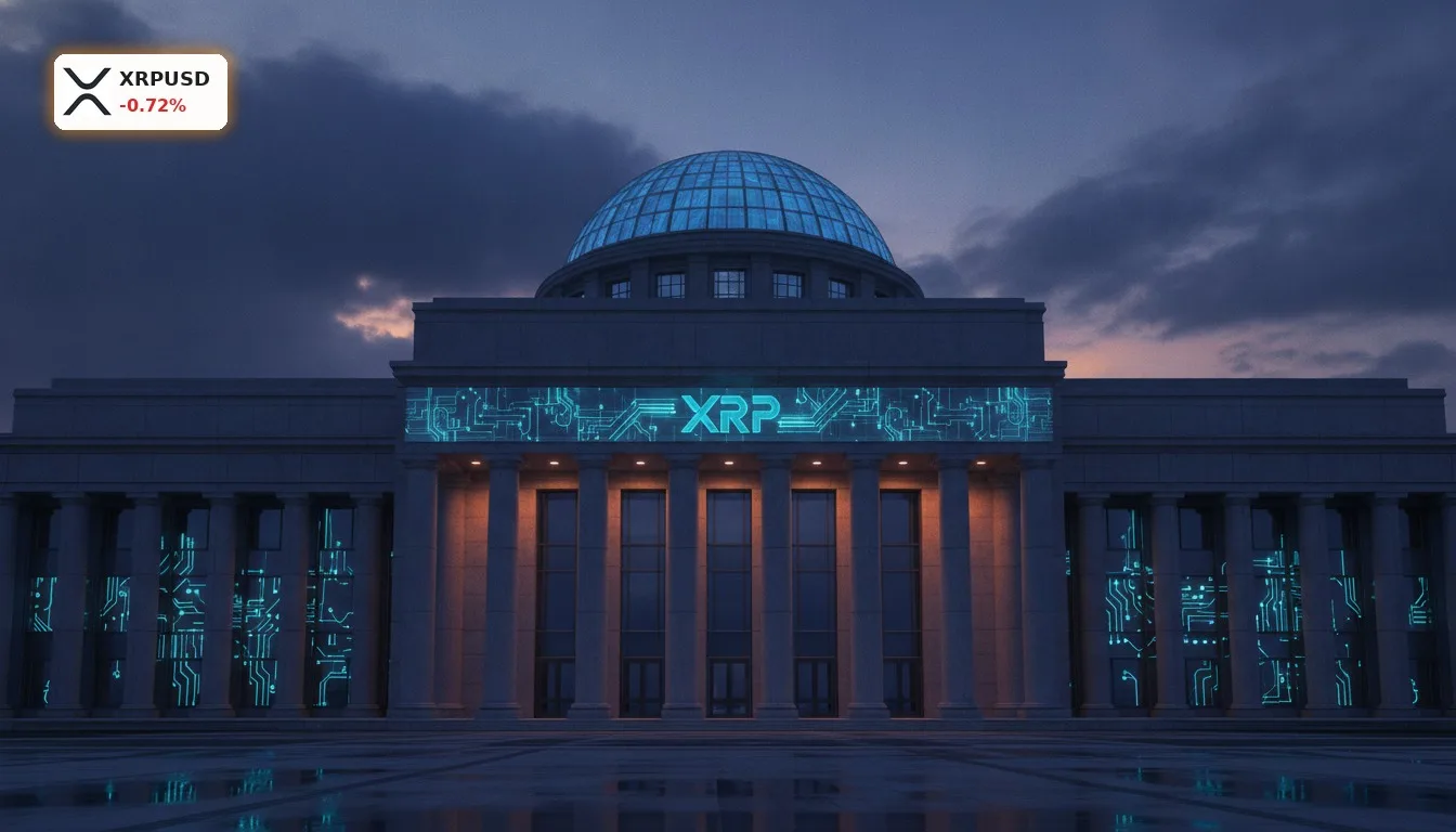 XRP CLARITY Act: Senatsabstimmung und 18 Mio. $ ETF-Zuflüsse im Fokus 4 Futuristisches Regierungsgebäude mit leuchtenden Linien und XRP-Symbol, das den XRP CLARITY Act symbolisiert.