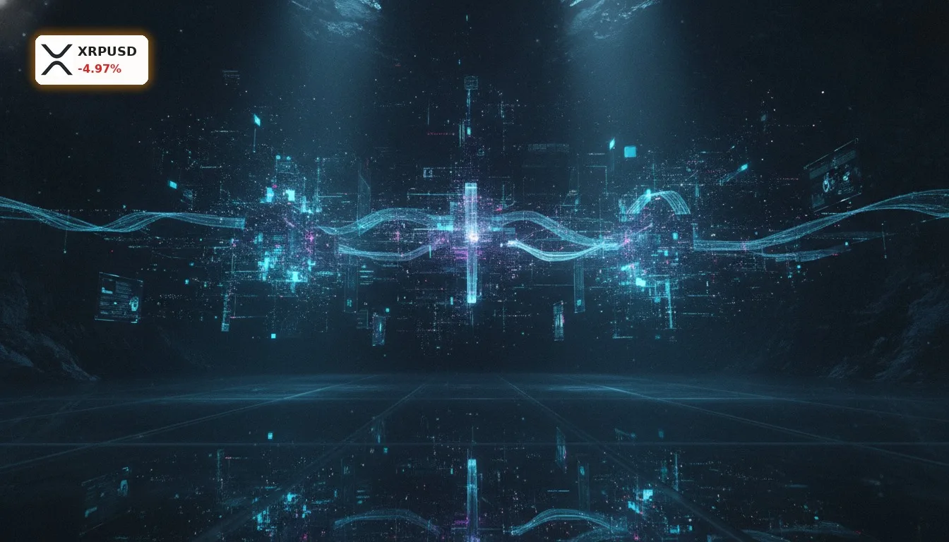 Futuristische Darstellung der Blockchain-Architektur des XRP Ledger mit leuchtenden Datenströmen und verbundenen Knotenpunkten.