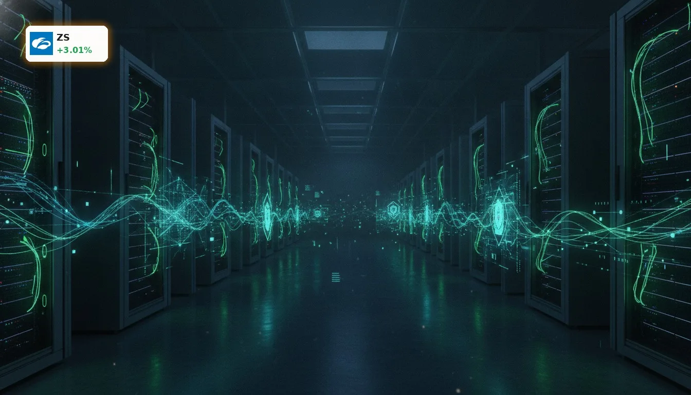 Zscaler Quartal mit +3% Kursplus: KI-Boom treibt Umsatz und Gewinn 4 Digitales Rechenzentrum mit leuchtenden Datenflüssen symbolisiert Cybersicherheit und KI-Verarbeitung nach starkem Zscaler Quartal.