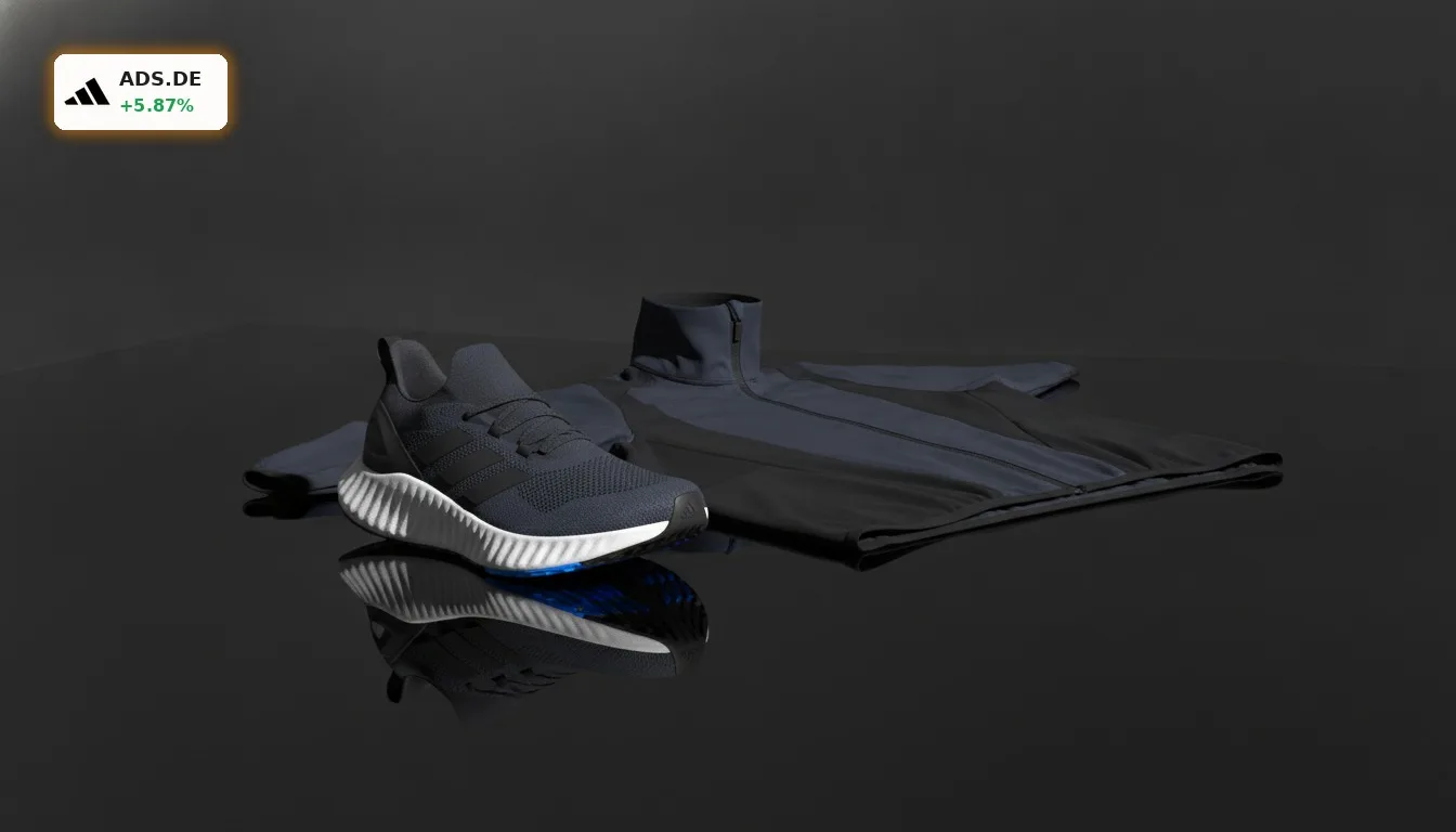 Elegante Adidas Sportbekleidung und Schuhe in einem dunklen Studio, symbolisierend den Rekordgewinn im Adidas Quartal.