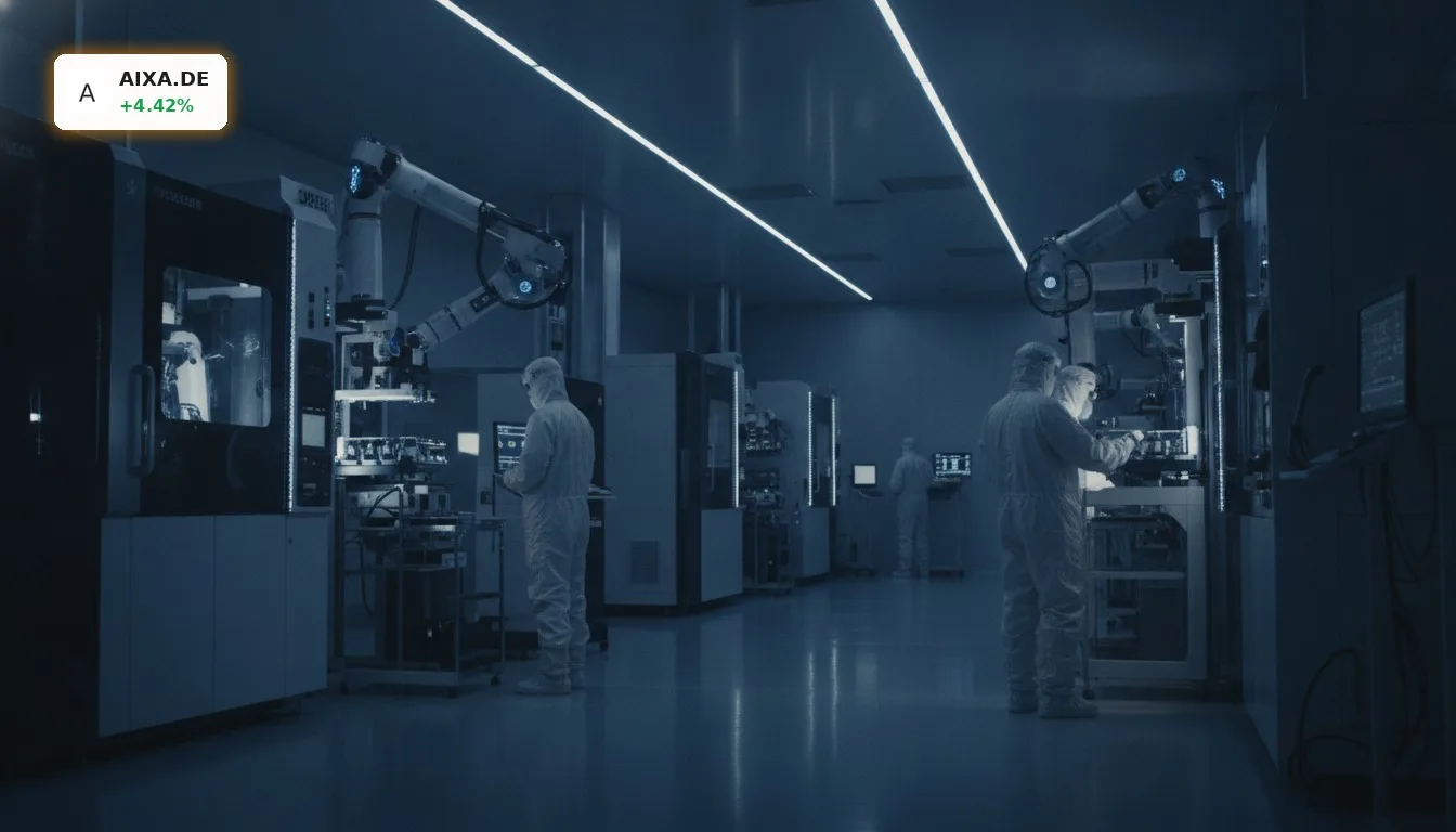 Hightech-Reinraum mit Wafer-Fertigungsanlagen, symbolisiert Aixtron Aktie und Chipindustrie-Wachstum.