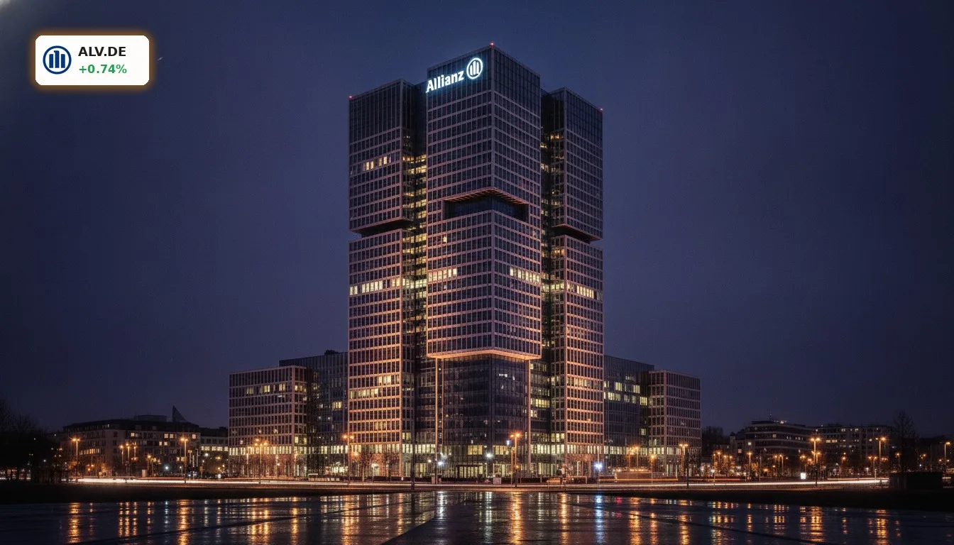 Architektonisches Bild des Allianz-Hauptsitzes bei Nacht, beleuchtet. Fokus auf Allianz Personal und Unternehmensstrategie.