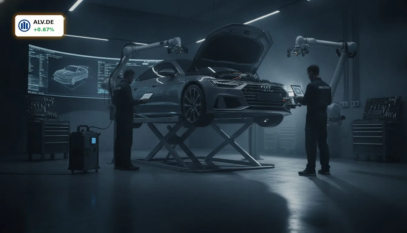 Allianz Reparaturkosten: Europäische Autos verlieren Vorteil gegenüber China 4 Moderne Kfz-Werkstatt mit einem Auto auf der Hebebühne, das die Komplexität der Allianz Reparaturkosten darstellt.