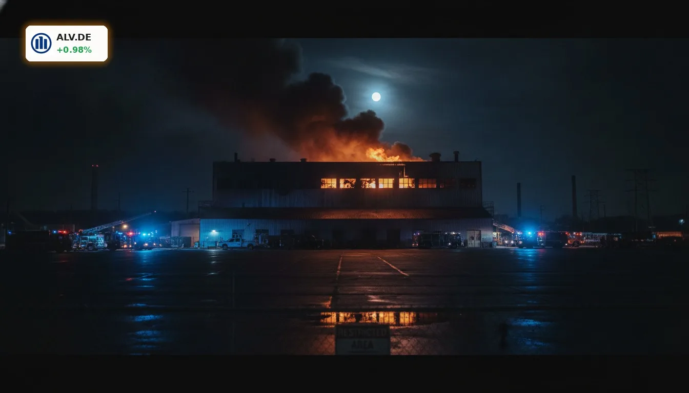 Brennende Industrieanlage bei Nacht, Symbol für hohe Kosten durch Allianz Betriebsunterbrechung und Sachschäden.