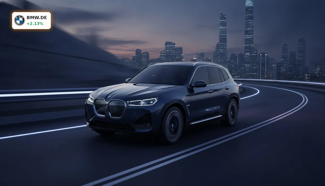Ein futuristisches BMW Elektroauto iX3 fährt bei Dämmerung auf einer modernen Straße.
