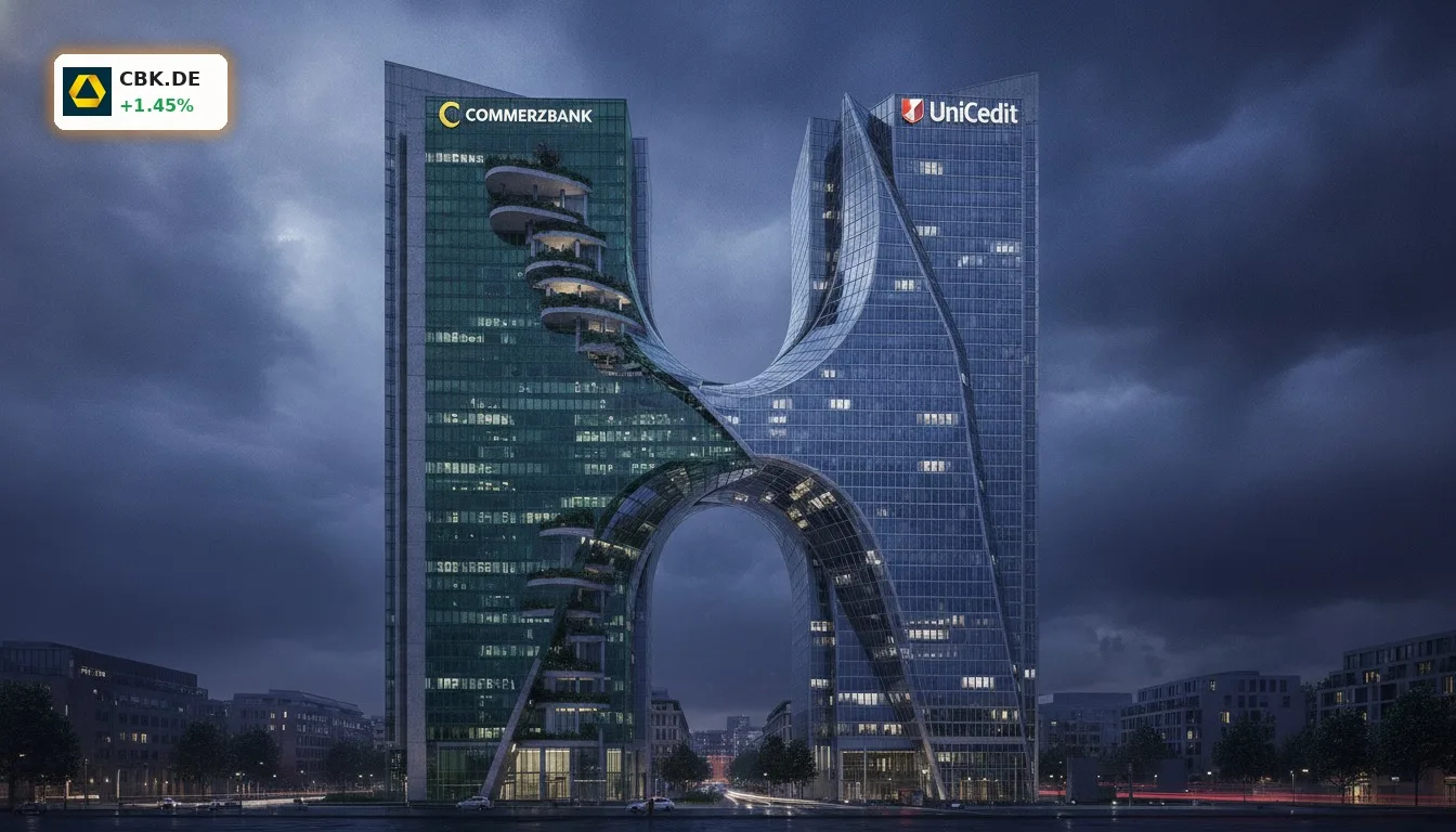 Zwei moderne Bankgebäude fusionieren, symbolisieren die Commerzbank Übernahme durch Unicredit.