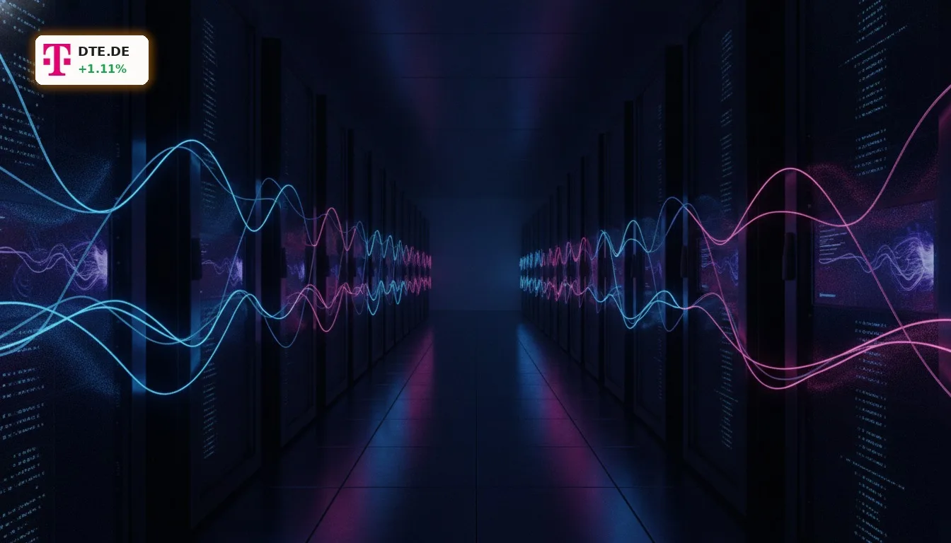 Deutsche Telekom KI: Milliarden-Einsparungen und Umsatzplus erwartet 5 Futuristisches Telekommunikations-Rechenzentrum mit leuchtenden Glasfaserkabeln und Servern, Symbol für Deutsche Telekom KI-Strategie.