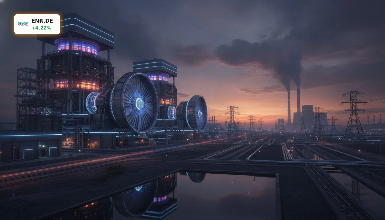 Siemens Energy Analyse: Erholung nach Kurssprung um 4,2 Prozent? 4 Moderne Energieanlage mit Gasturbinen bei Dämmerung, symbolisiert Siemens Energy Analyse und Sektor-Herausforderungen.