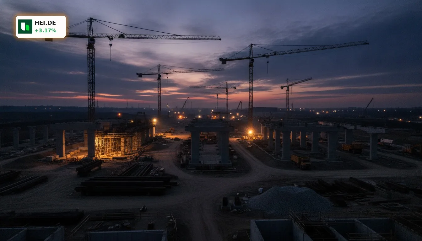 Heidelberg Materials Upgrade: RBC stuft Aktie auf Outperform hoch 4 Moderne Baustelle bei Sonnenuntergang, Kräne und Betonstrukturen, symbolisiert Heidelberg Materials Upgrade und Bauprojekte.