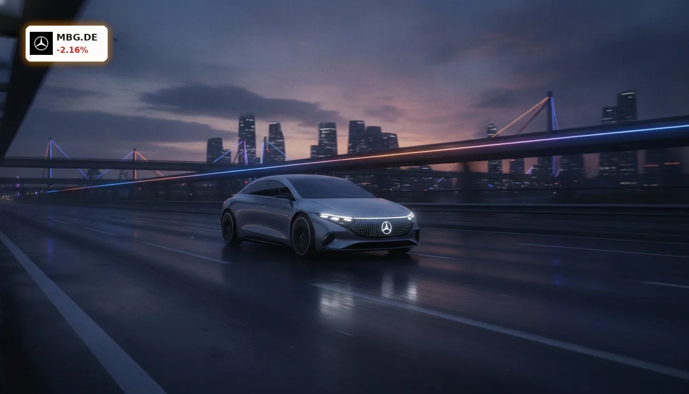 Mercedes-Benz Absatz: China-Schwäche drückt, E-Autos und Europa stützen 4 Ein moderner Mercedes-Benz fährt bei Dämmerung auf einer Autobahn vor einer Stadtkulisse. Mercedes-Benz Absatz.