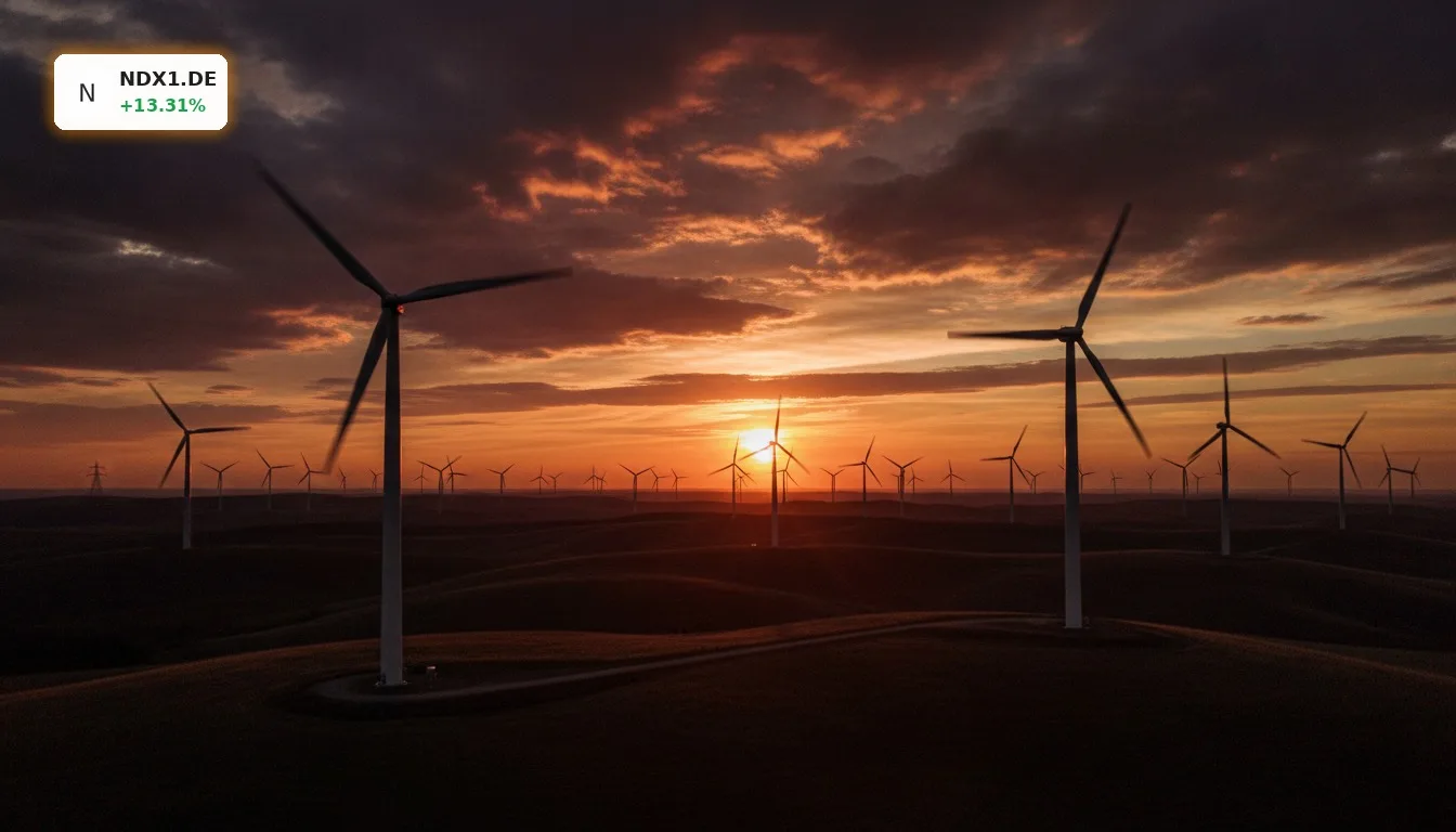 Windpark bei Sonnenuntergang mit drehenden Windturbinen symbolisiert Wachstum und die positive Nordex Prognose.