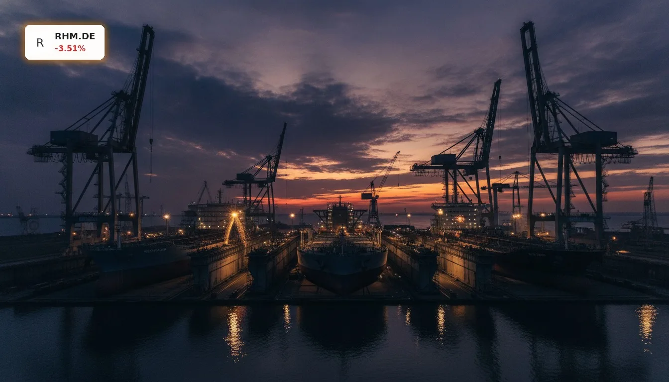 Rheinmetall Werft: Strategische Übernahme in Rumänien drückt Aktie 4 Rheinmetall Werft mit Schiffen in Trockendock bei Sonnenuntergang, Kräne im industriellen Hafen.
