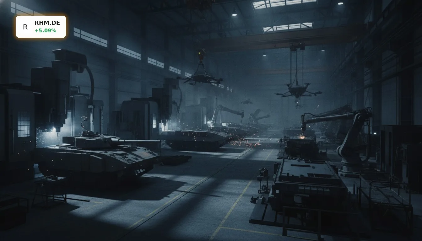Moderne Fertigungshalle für Verteidigungstechnologie, die Stärke des Rheinmetall Unternehmens symbolisiert.