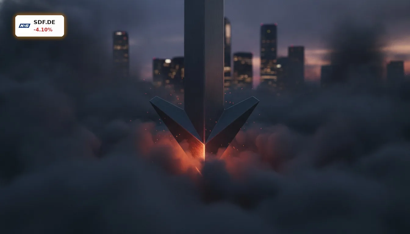 Abstrakter, nach unten zeigender roter Pfeil durchbricht dunkle Wolken, symbolisiert reduzierte K+S Stimmrechtsmitteilung.