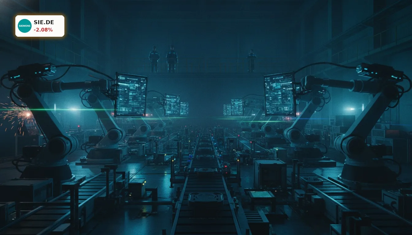 Siemens KI: Mit Nvidia soll die Fabrik der Zukunft entstehen 4 Moderne, automatisierte Fabrik mit Roboterarmen, die von Siemens KI und Nvidia-Technologie gesteuert werden.