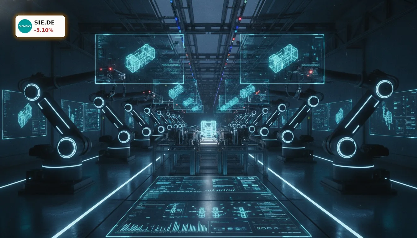 Futuristische Fabrik mit Robotern und holografischen Anzeigen, die die Siemens KI Nvidia Partnerschaft für digitale Fertigung darstellt.
