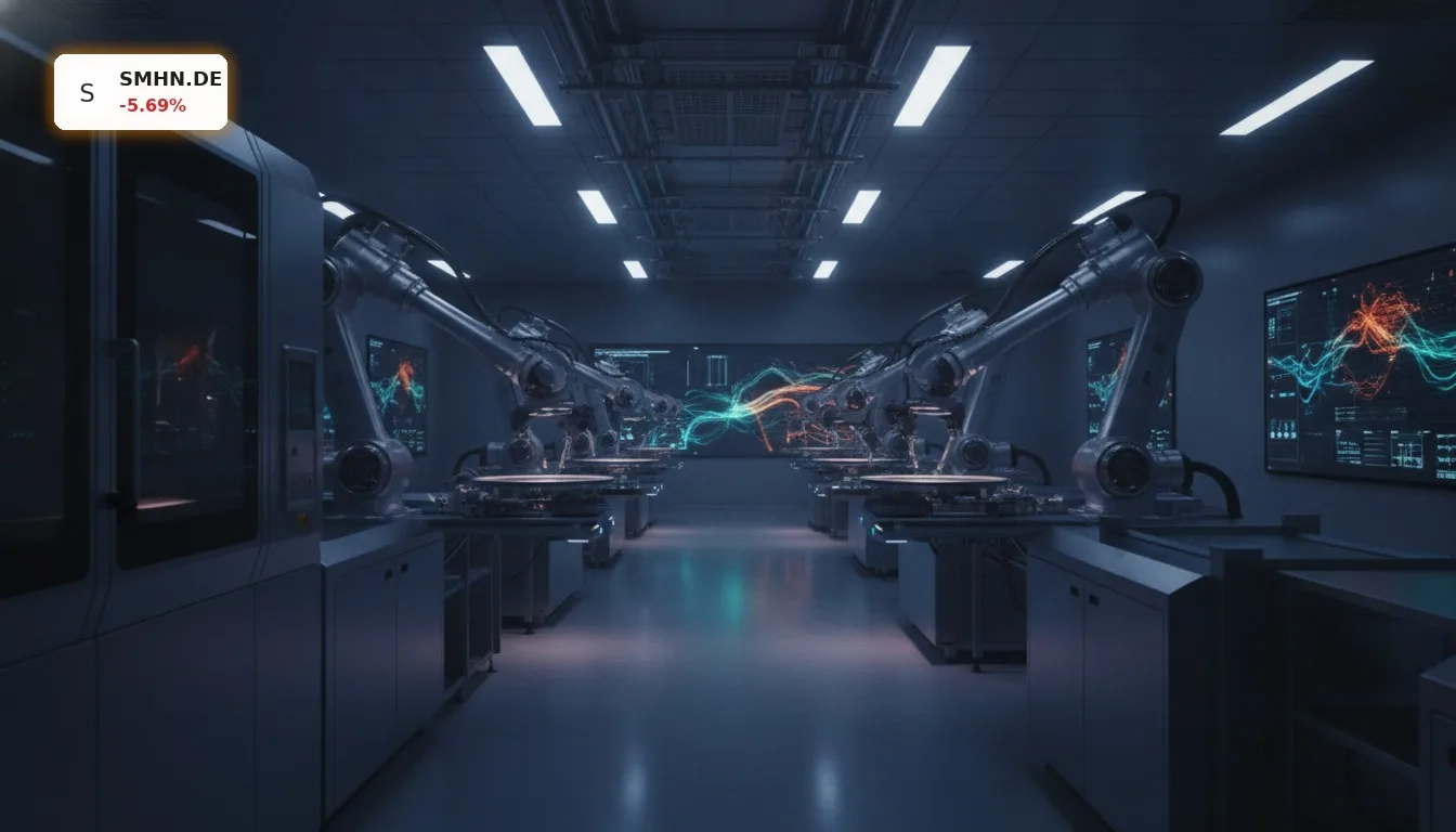 Roboterarme in einem hochmodernen Reinraum bei der Fertigung von Halbleiterwafern. SUSS MicroTec Prognose.