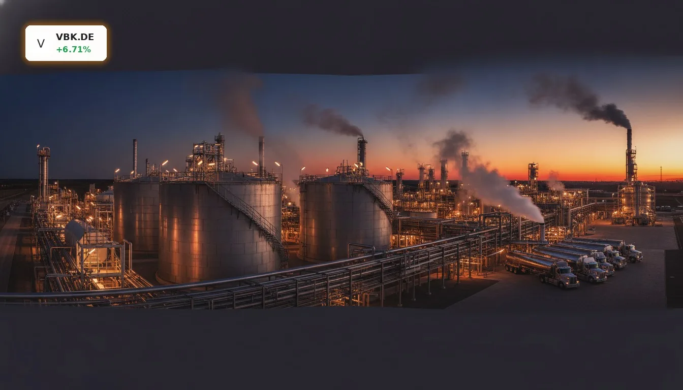 Industrieanlage zur Biokraftstoffproduktion mit großen Tanks und Lastwagen bei Sonnenuntergang, symbolisiert Verbio SE Analyse und E20-Potenzial.