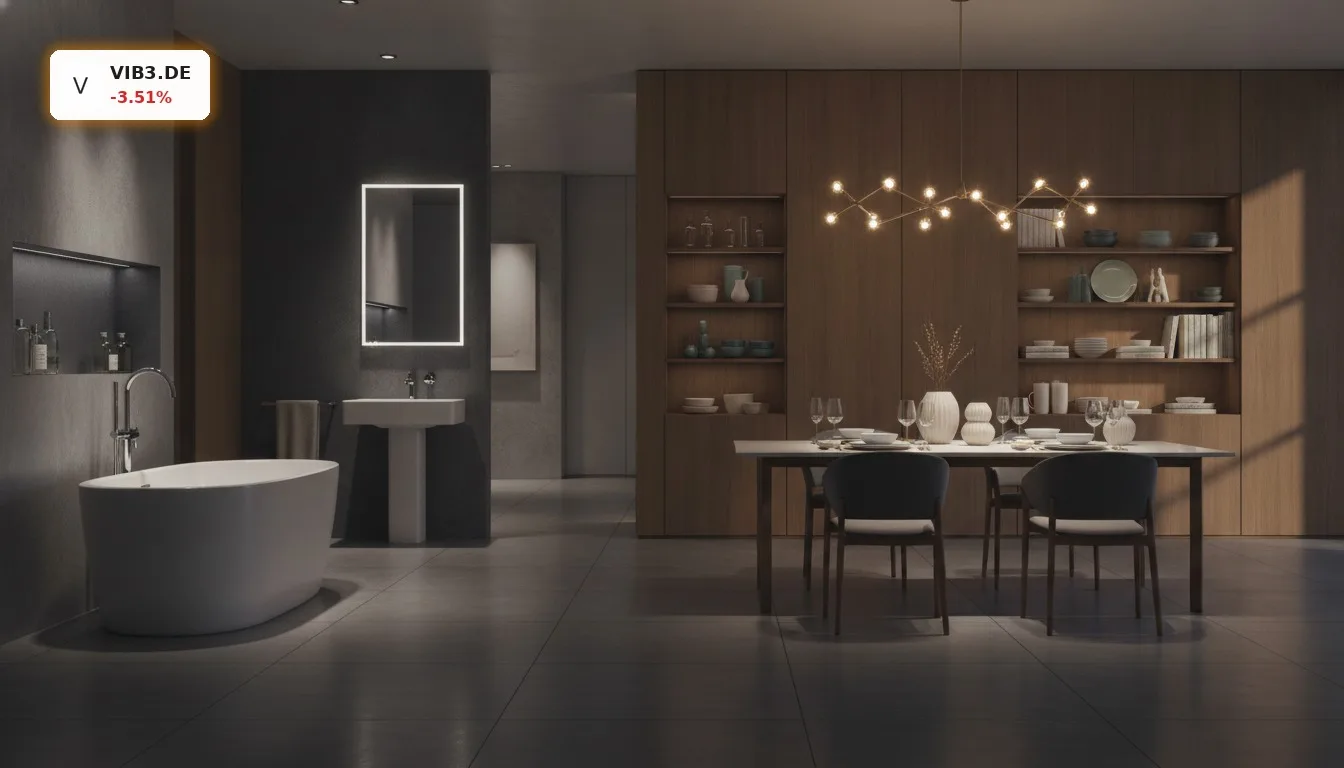 Luxuriöser Showroom, der Bad- und Lifestyle-Produkte kombiniert, symbolisiert Villeroy & Boch Neunmonatszahlen und Geschäftsbereiche.