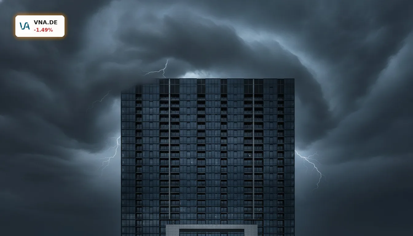 Modernes Wohnhochhaus, umgeben von dunklen Sturmwolken, symbolisiert die Unsicherheit der Vonovia Verstaatlichung.