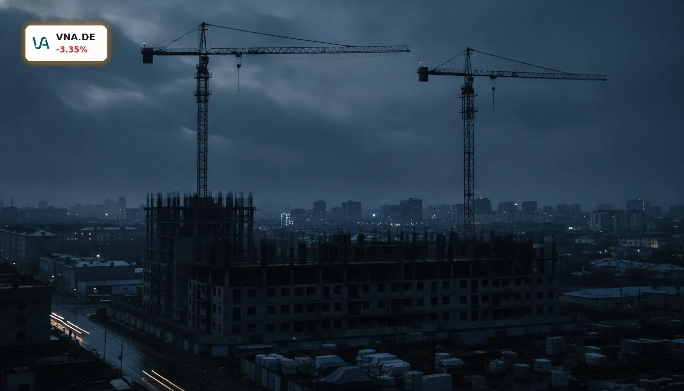 Stillstehende Baukrane über einem Wohngebäude bei Nacht symbolisieren die gesenkte Vonovia Prognose und Investitionen.