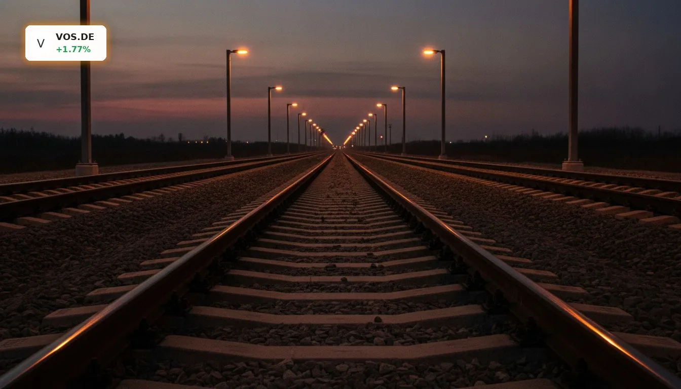 Moderne Bahngleise bei Dämmerung, die in die Ferne führen, symbolisieren Infrastruktur und die Vossloh Prognose.